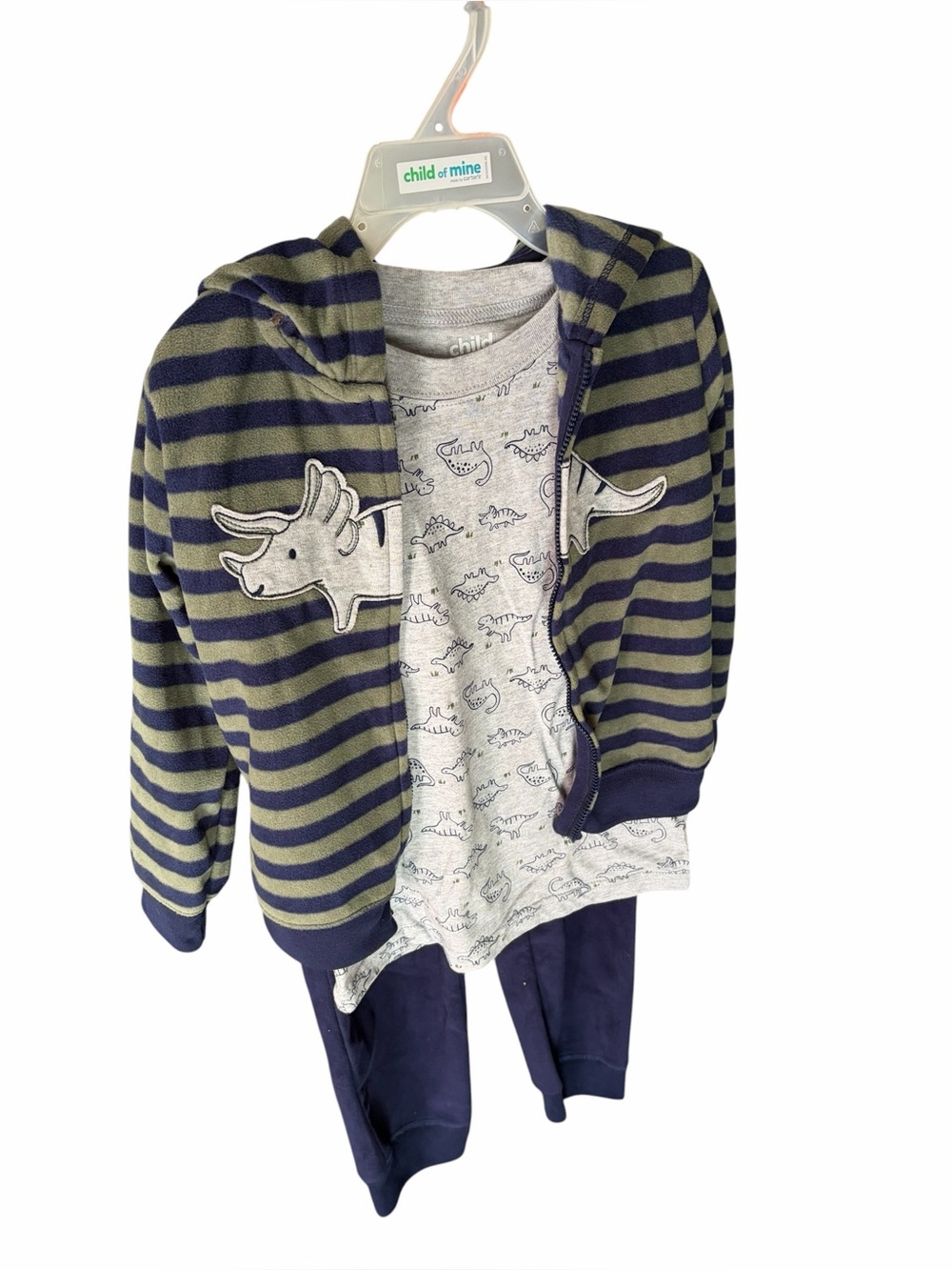 child of mine Navy & Olive Striped Hoodie Set with Dino Tee